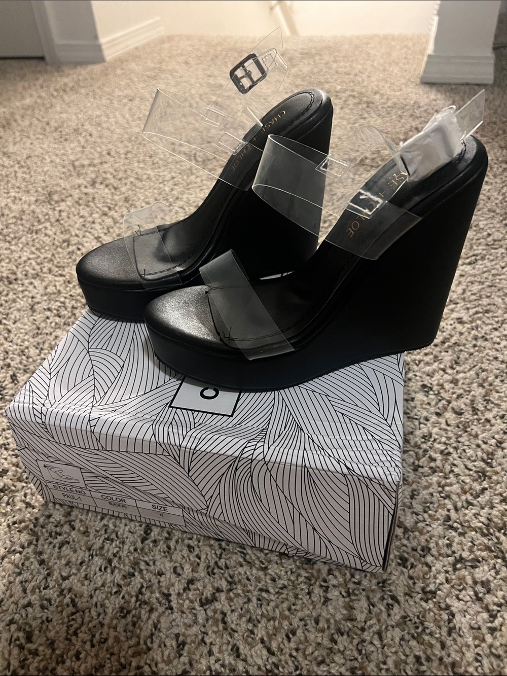 Chase + Chloe Black Wedge Heels with Clear Straps